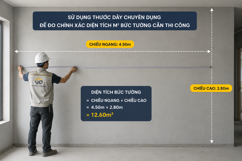 Sử dụng thước dây chuyên dụng để đo chính xác diện tích m2 bức tường cần thi công.