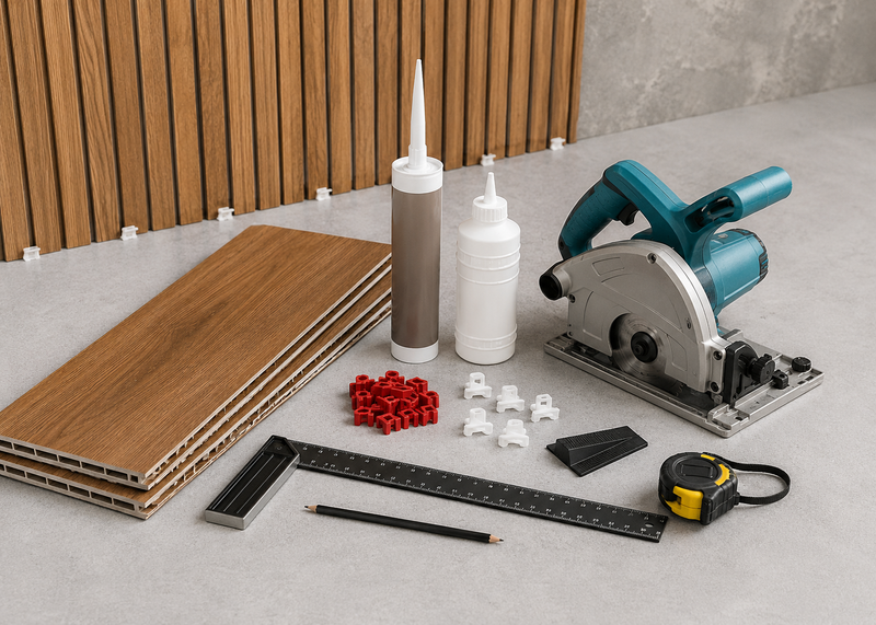 Các dụng cụ cần thiết bao gồm tấm nhựa giả gỗ, keo dán chuyên dụng, con ke và máy cắt cầm tay.