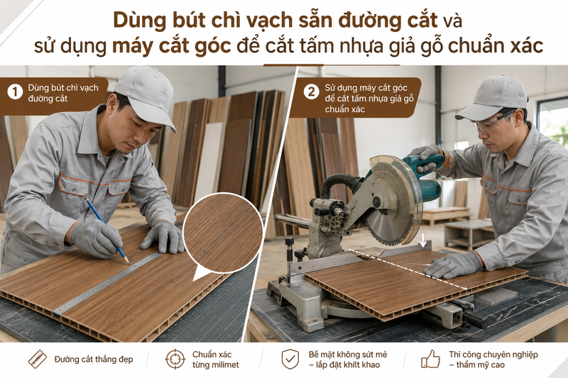 Dùng bút chì vạch sẵn đường cắt và sử dụng máy cắt góc để cắt tấm nhựa giả gỗ chuẩn xác.
