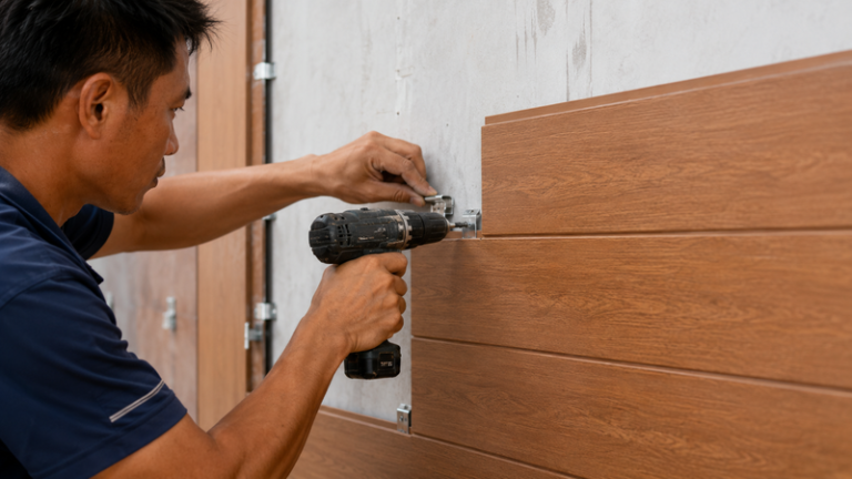 Ghép các hèm khóa và đóng con ke inox cố định tấm nhựa giả gỗ chắc chắn vào tường