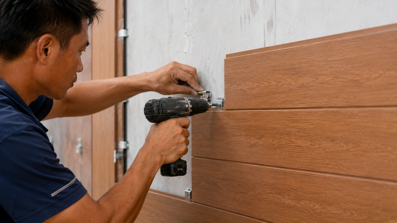 Ghép các hèm khóa và đóng con ke inox cố định tấm nhựa giả gỗ chắc chắn vào tường