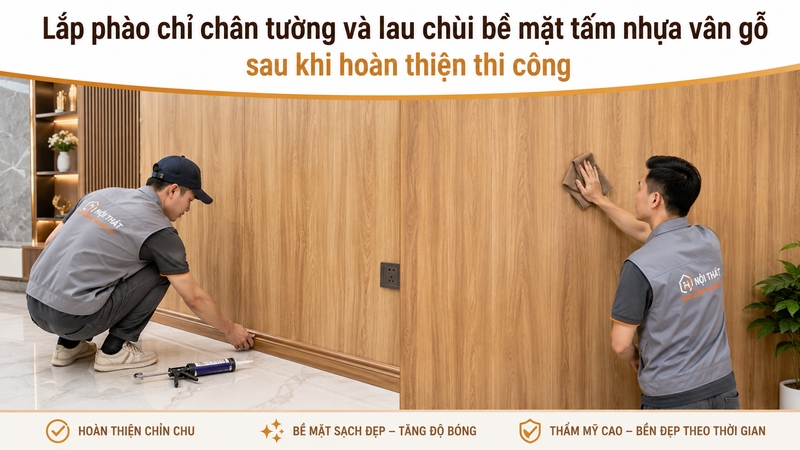 Lắp phào chỉ chân tường và lau chùi bề mặt tấm nhựa vân gỗ sau khi hoàn thiện thi công